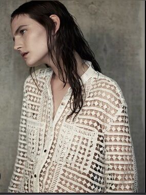 Self-Portrait White Open-Weave Button-Down Shirt
